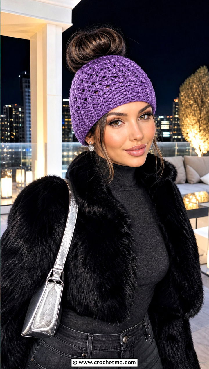 Open Top Bun Crochet Beanie With Faux Fur Jacket And Tailored Jeans - 25 Bun Crochet Beanie outfit ideas