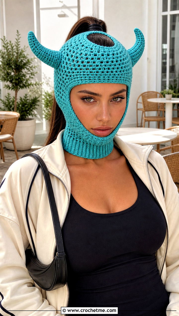 Open Top Crochet Devil Horn Balaclava With Track Jacket - 20 crochet devil horn balaclava outfit ideas