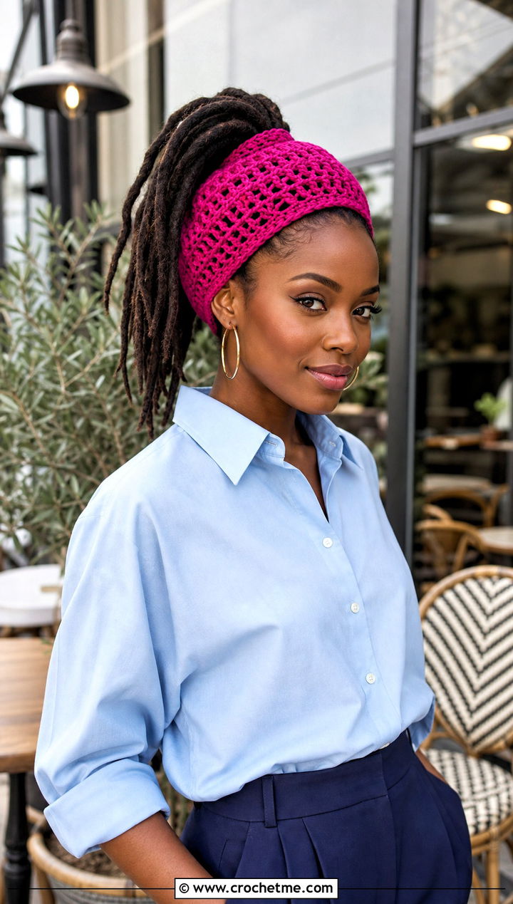 Open Top Crochet Dreadlock Tam With Button Down And Culottes - 25 Crochet Dreadlock Hat outfit ideas