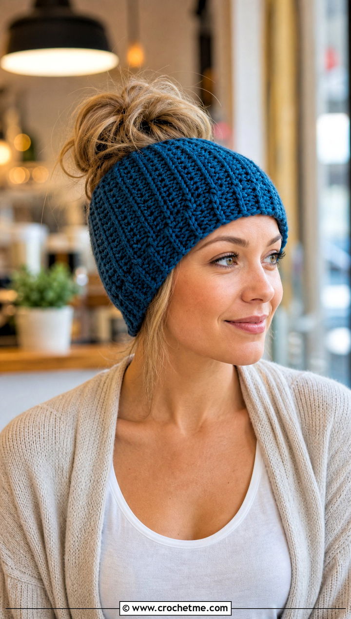 Open Top Crochet Messy Bun Hat With Cardigan - 30 crochet hat with ponytail hole outfit ideas