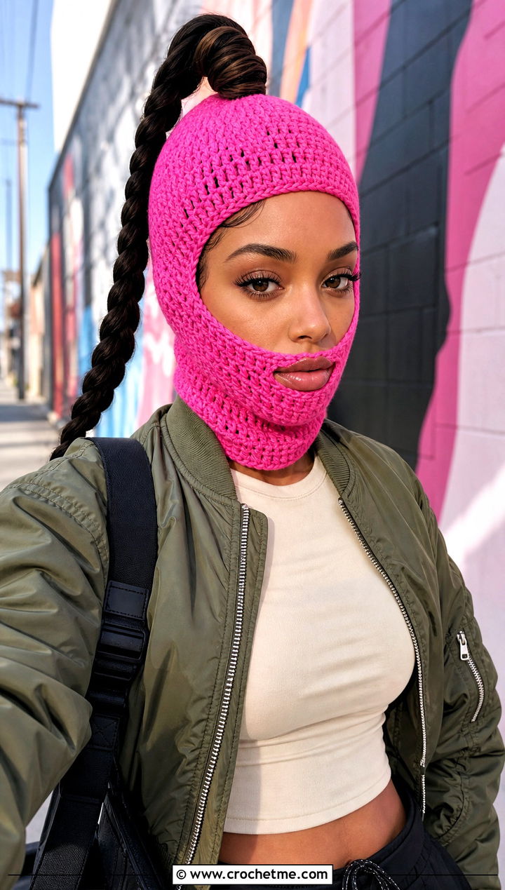 Open Top Crochet Ski Mask With Bomber Jacket - 20 crochet balaclava ski mask outfit ideas