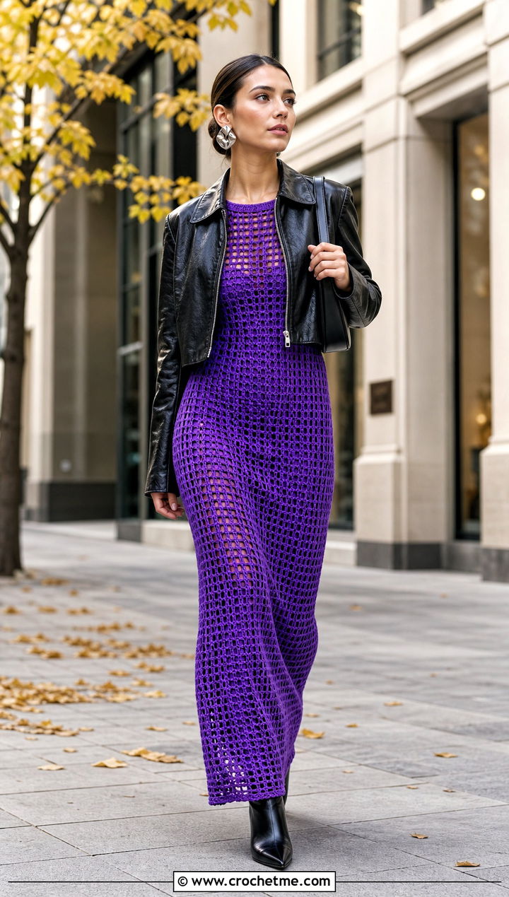 Open Weave Acorn Crochet Maxi Dress With Leather Jacket - 15 acorns crochet dress outfit ideas