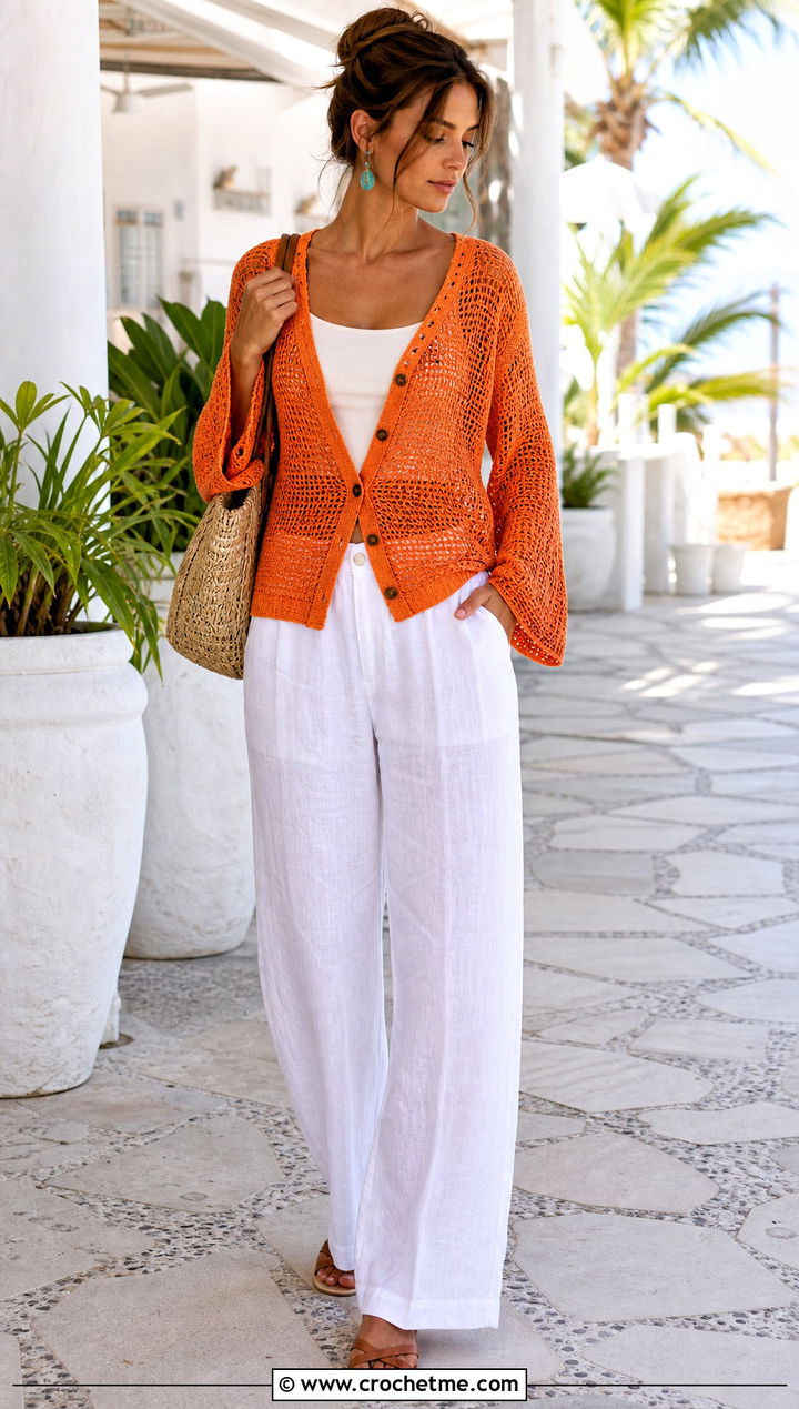 Open Weave Bell Sleeve Crochet Button Cardigan With Linen Pants - 15 crochet sweater with button closure outfit ideas