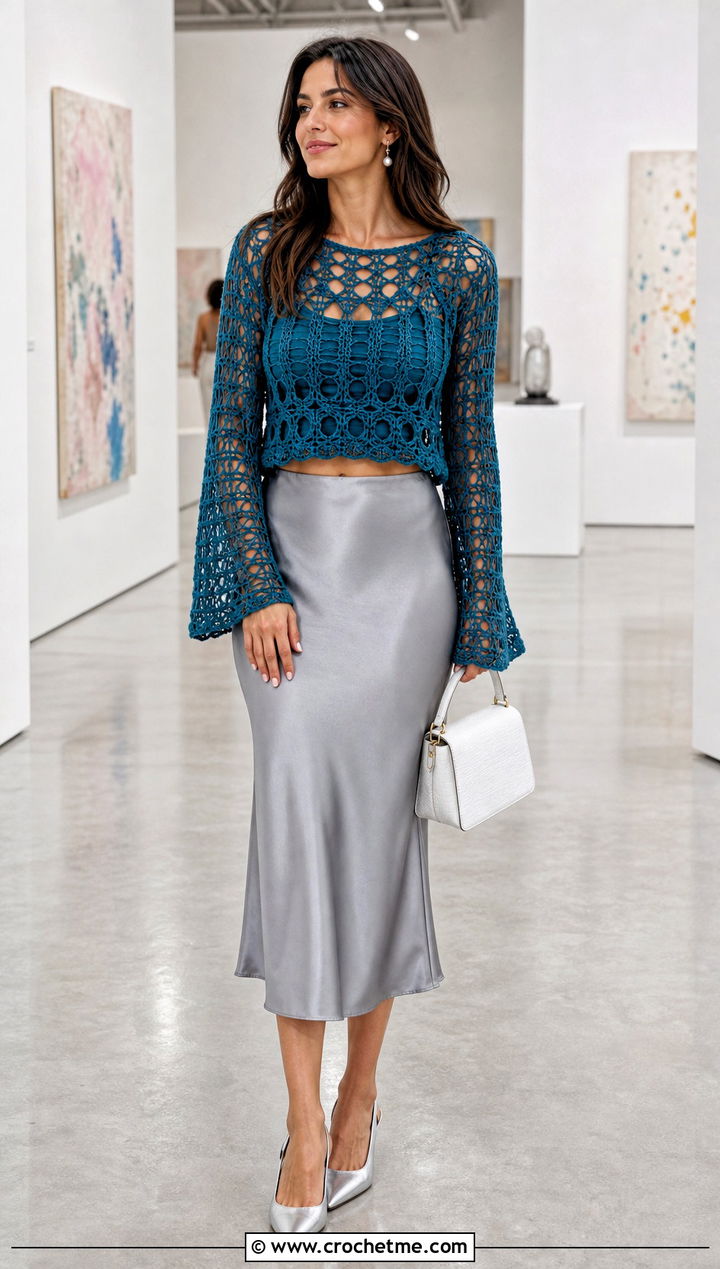 Open Weave Bell Sleeve Cropped Crochet Sweater With Satin Midi Skirt - 35 crop crochet sweater outfit ideas
