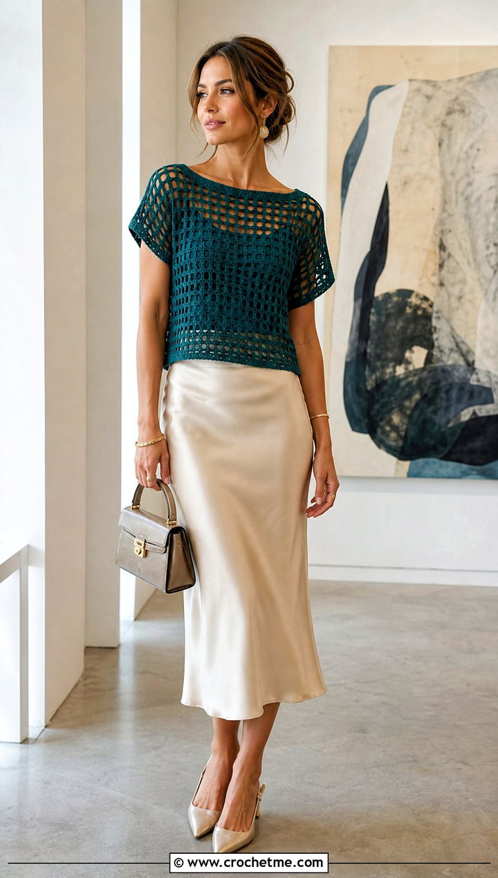 Open Weave Boat Neck Crochet Short Sleeve Sweater With Satin Skirt - 25 Crochet Short Sleeve Sweater outfit ideas