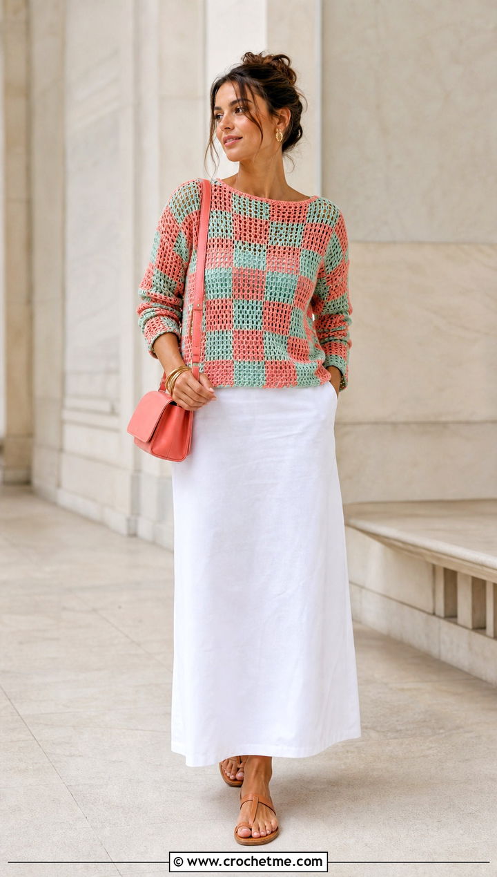 Open Weave Checkered Crochet Sweater With Maxi Skirt - 30 checkered crochet sweater outfit ideas