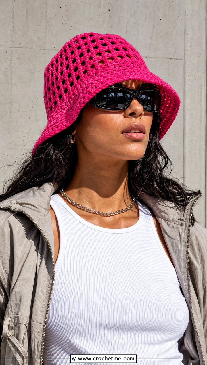 Open Weave Crochet Bucket Hat With Cargo Pants - 15 crochet trendy bucket hat outfit ideas