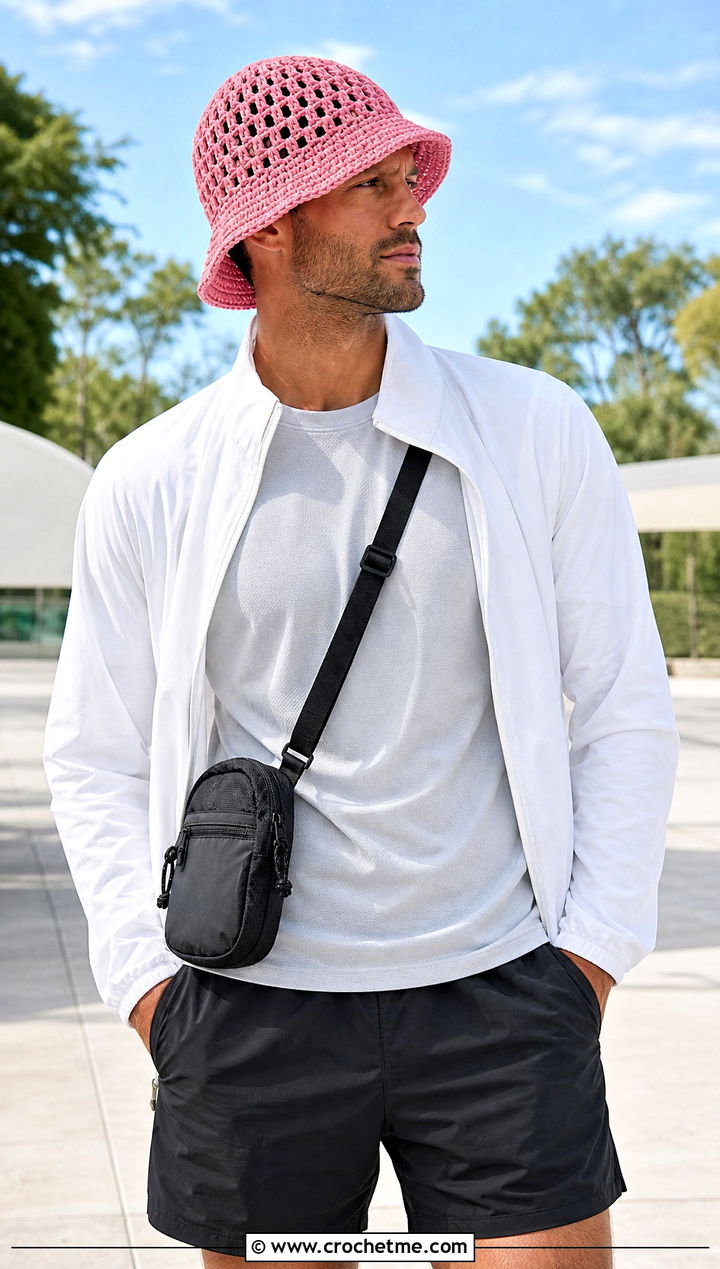 Open Weave Crochet Bucket Hat With Track Jacket And Shorts - 15 Crochet Mens Bucket Hat outfit ideas