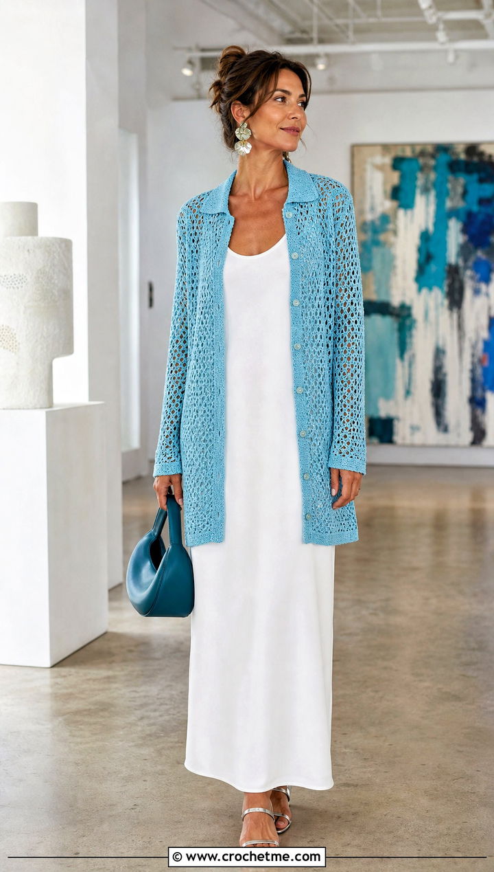 Open Weave Crochet Button Down Cardigan With Column Dress - 25 crochet button down cardigan outfit ideas
