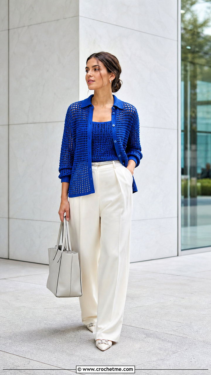 Open Weave Crochet Button Front Shirt With Wide Leg Trousers - 35 crochet collared shirt outfit ideas