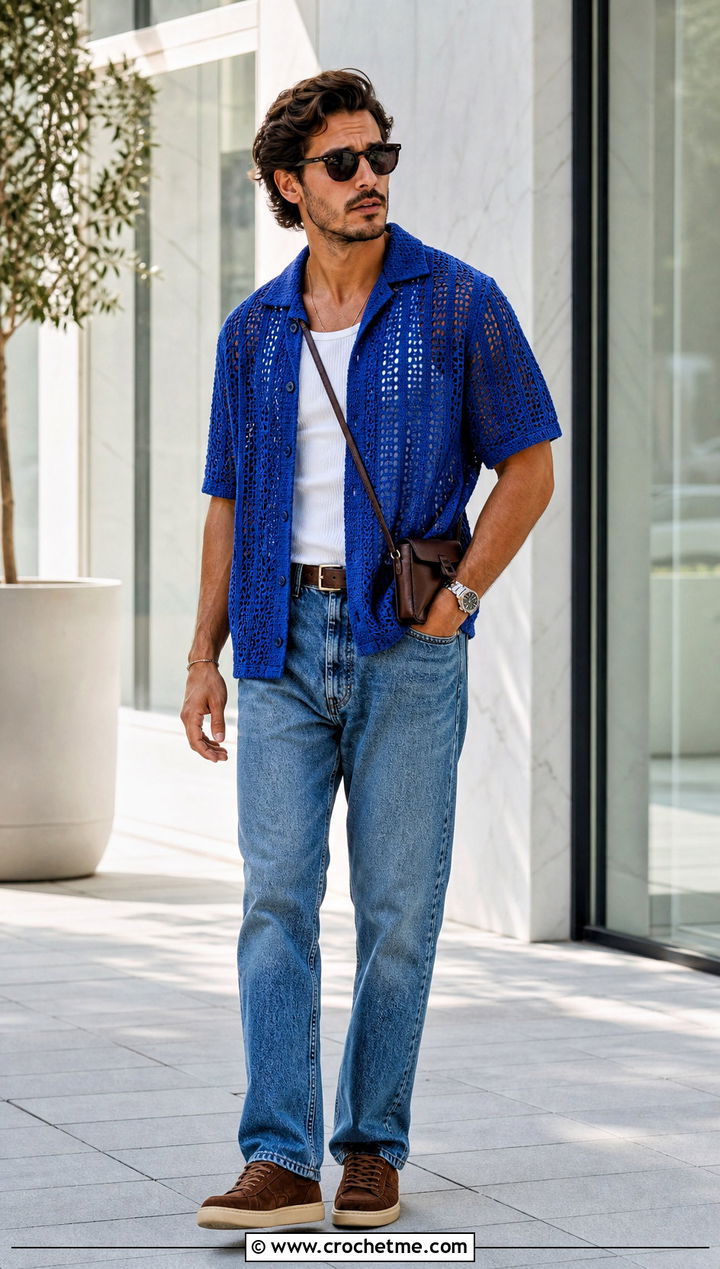 Open Weave Crochet Camp Collar Shirt With Jeans - 15 crochet tops for men outfit ideas