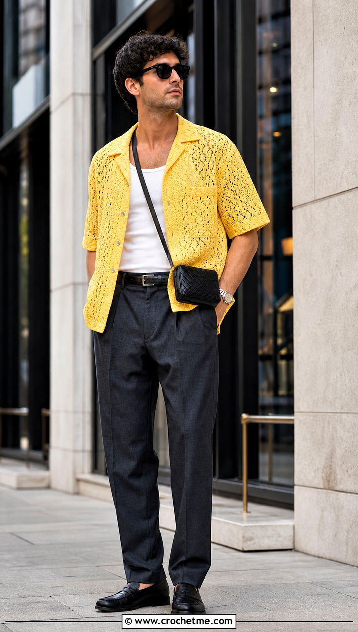 Open Weave Crochet Camp Shirt With Pleated Trousers - 35 crochet man shirt outfit ideas