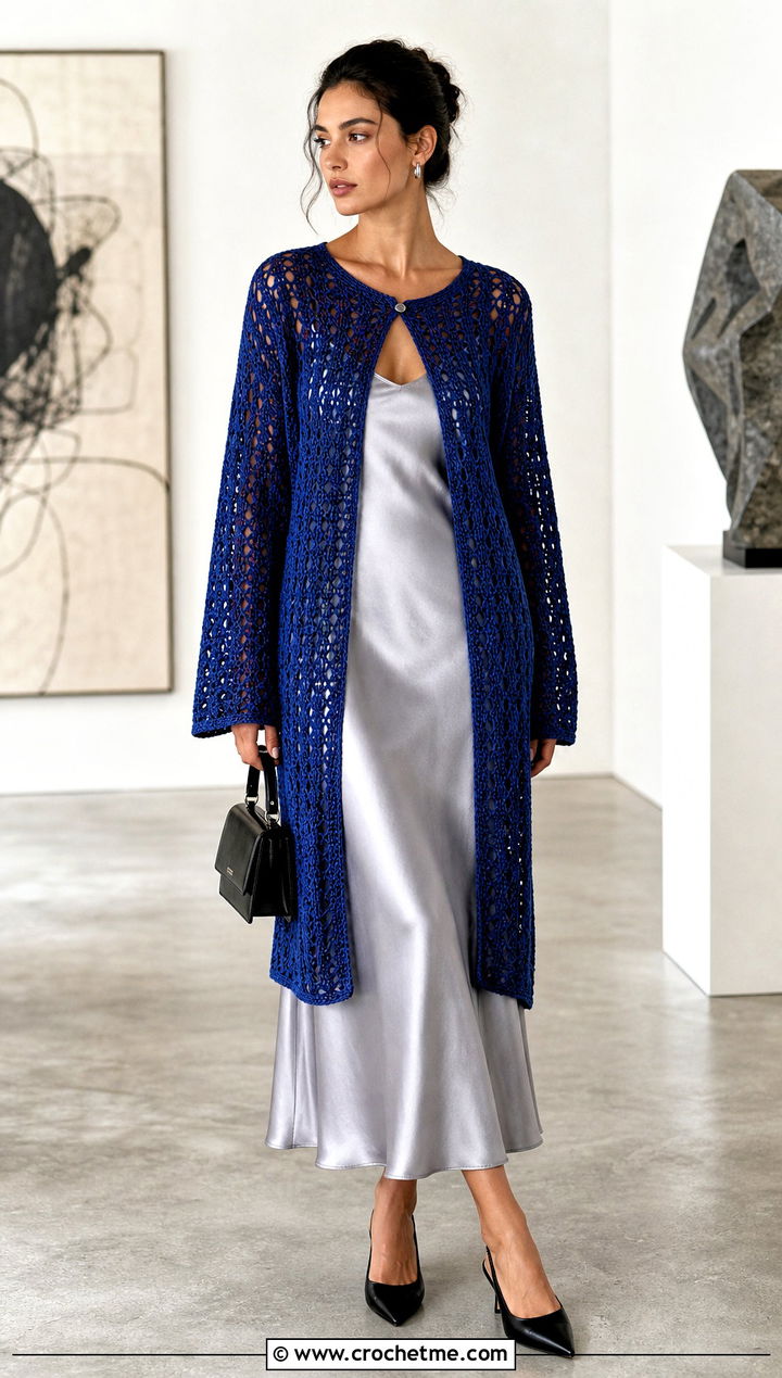 Open Weave Crochet Cardigan With Satin Slip Dress - 35 cute crochet clothes ideas