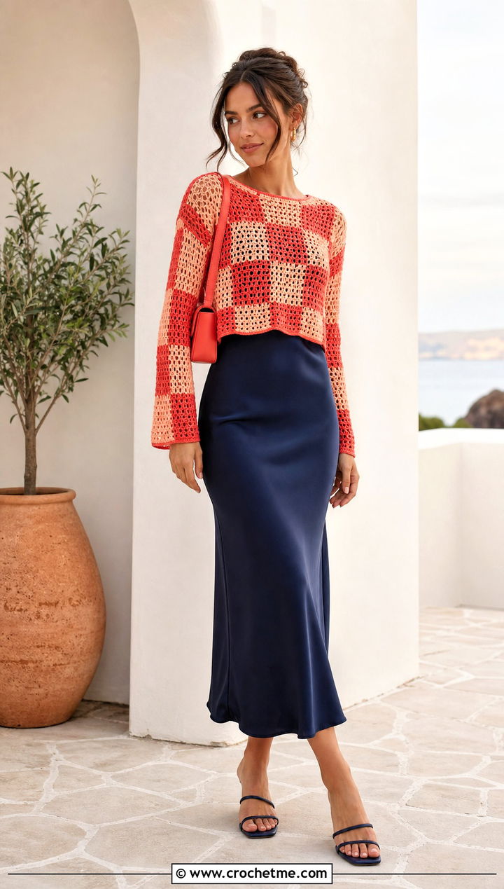 Open Weave Crochet Checker Sweater With Slip Dress - 25 Crochet Checker Sweater outfit ideas