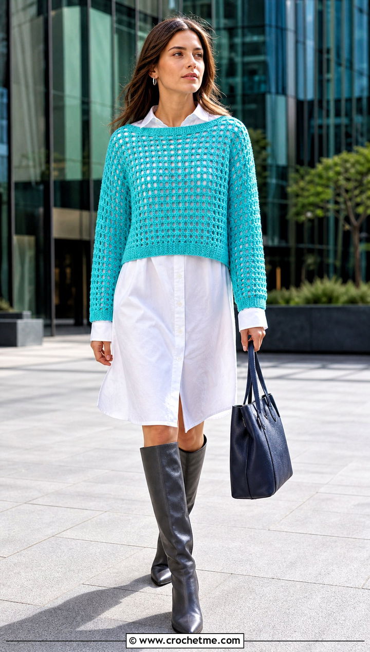 Open Weave Crochet Cropped Jumper With Shirt Dress - 30 crochet cropped jumper outfit ideas