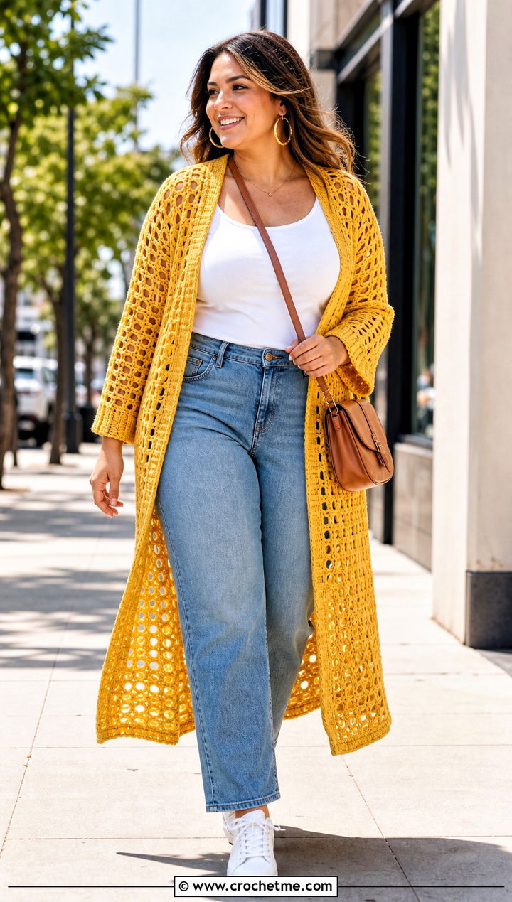 Open Weave Crochet Duster With Straight Leg Jeans - 25 Easy Crochet Duster outfit ideas
