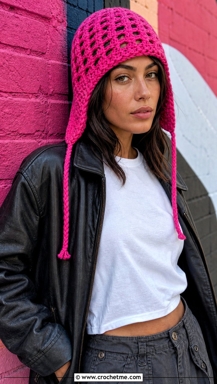 Open Weave Crochet Ear Flap Hat With Leather Jacket - 30 crochet adult ear flap hat outfit ideas