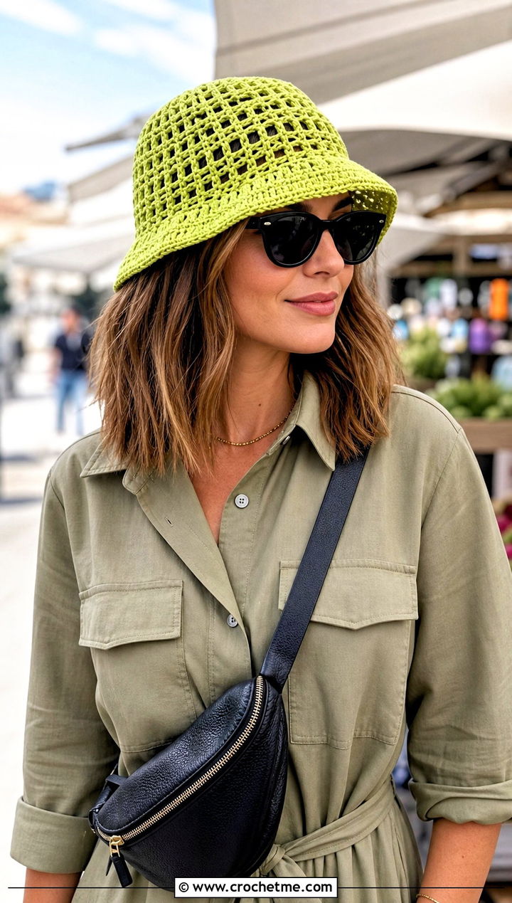 Open Weave Crochet Fisherman Hat With Utility Dress - 15 Ladies Crochet Summer Hats outfit ideas