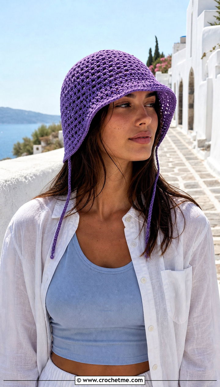 Open Weave Crochet Flap Hat With Linen Shirt - 30 crochet flap hat outfit ideas
