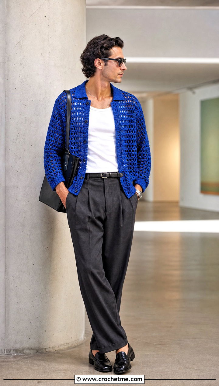 Open Weave Crochet Jumper With Tailored Trousers - 35 men crochet jumper outfit ideas