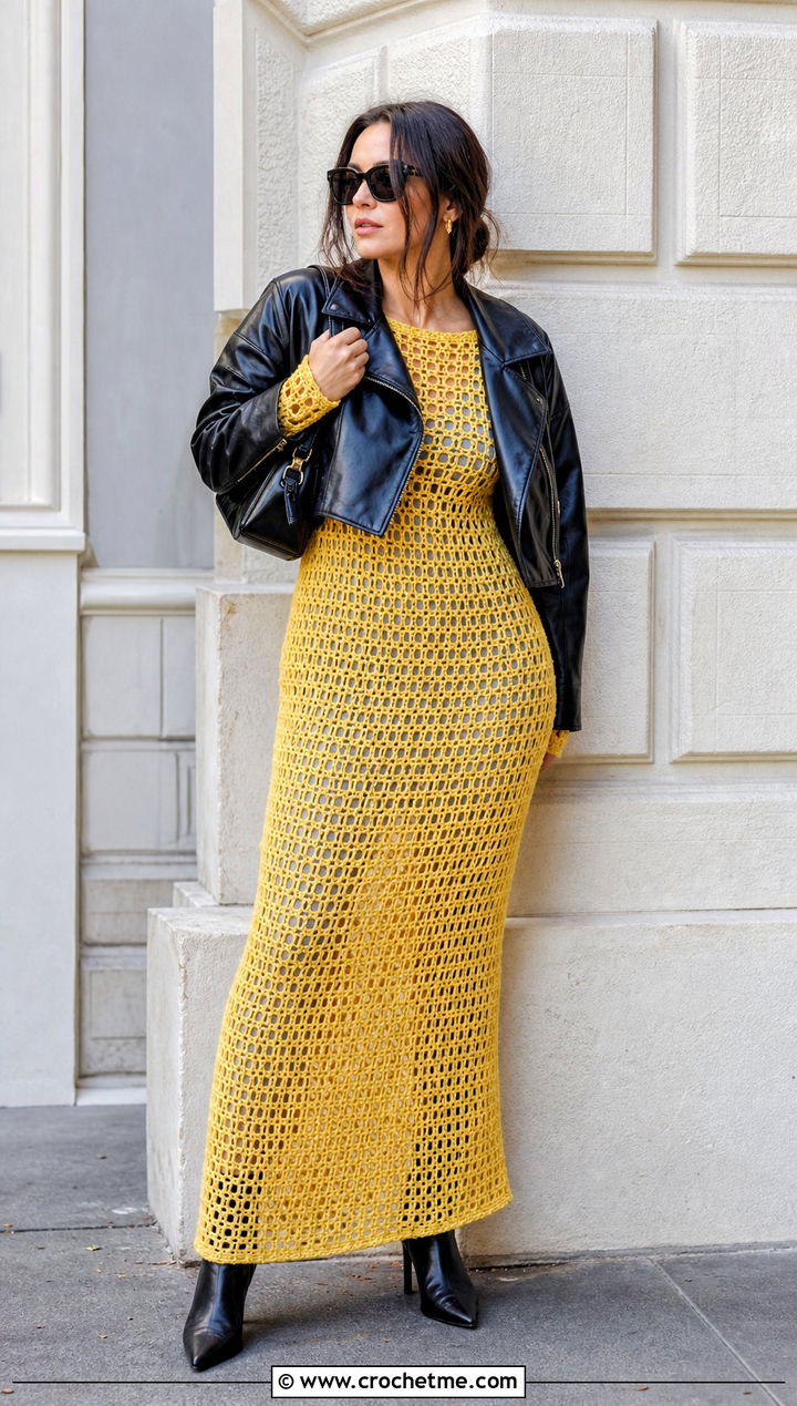 Open Weave Crochet Long Sleeve Maxi Dress With Leather Jacket - 25 crochet long sleeve dress outfit ideas