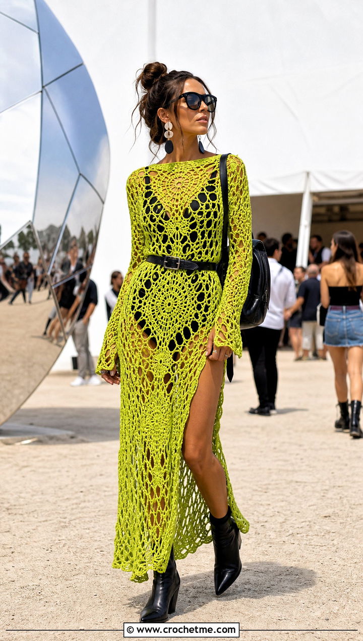 Open Weave Crochet Maxi Dress With Bodysuit - 25 crochet festival clothes and outfit ideas