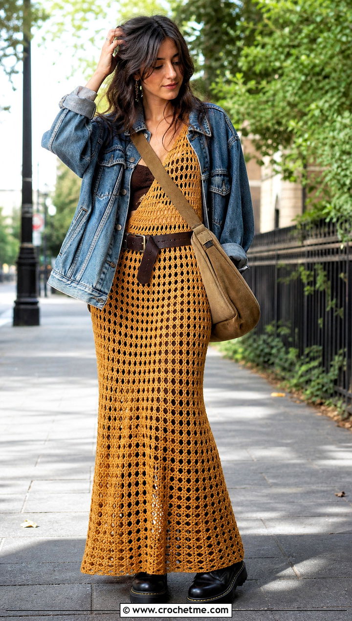 Open Weave Crochet Maxi Dress With Denim Jacket - 25 grunge crochet clothes and outfit ideas