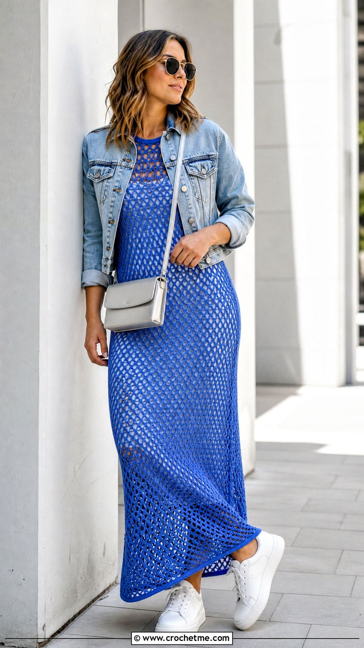 Open Weave Crochet Maxi Dress With Slip And Sneakers - 35 crochet dress outfits ideas