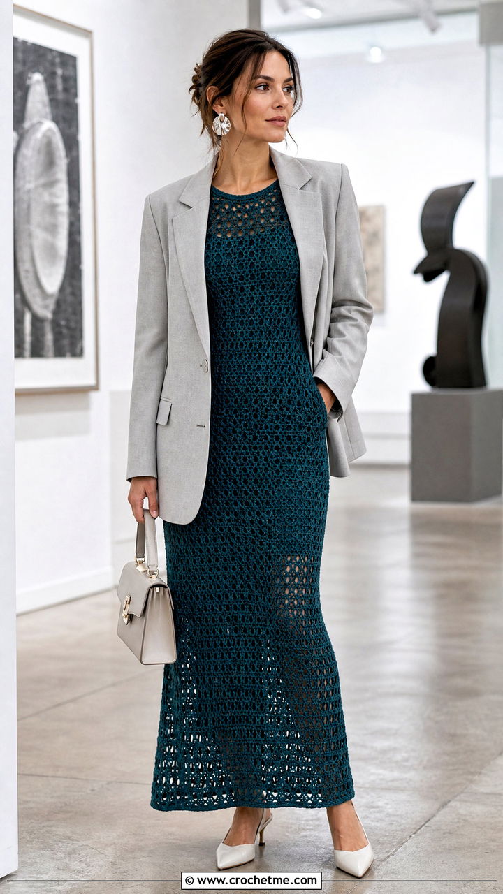 Open Weave Crochet Maxi Dress With Tailored Blazer - 35 crocheted dress outfit ideas
