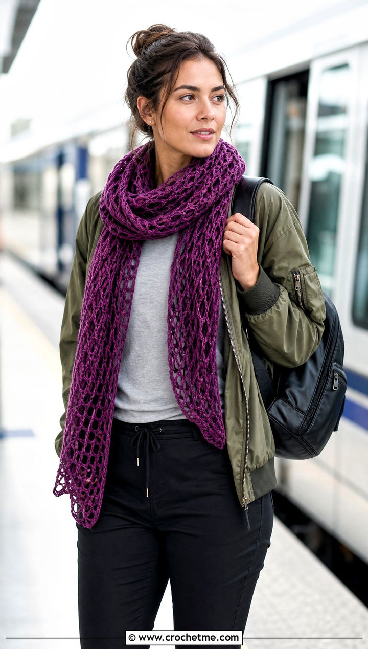 Open Weave Crochet Mesh Scarf With Bomber Jacket And Joggers - 25 Crochet Mesh Scarf outfit ideas