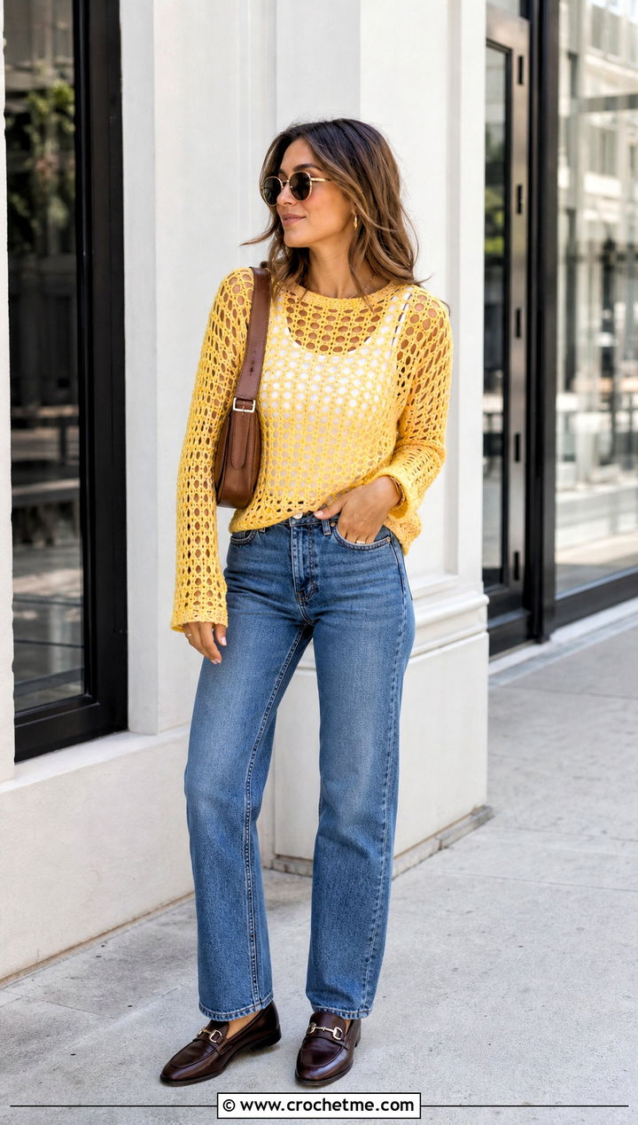 Open Weave Crochet Mesh Top With Straight Leg Jeans - 35 crochet layering top outfit ideas
