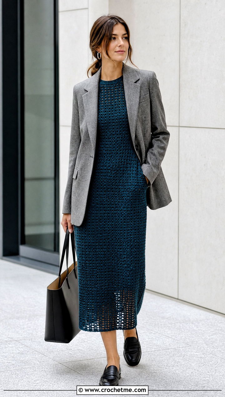 Open Weave Crochet Midi Dress With Tailored Blazer - 15 Boho Hippie Crochet Dress outfit ideas
