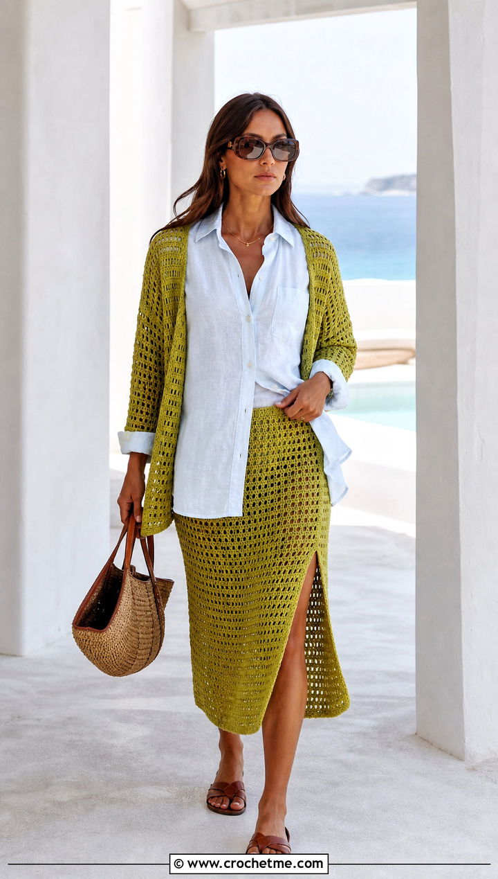 Open Weave Crochet Midi Set With Linen Shirt And Sandals - 25 Crochet Skirt And Cardigan Set outfit ideas