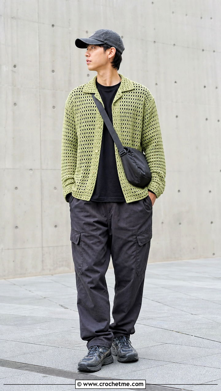 Open Weave Crochet Overshirt With Cargo Pants - 35 men's crochet shirt outfit ideas