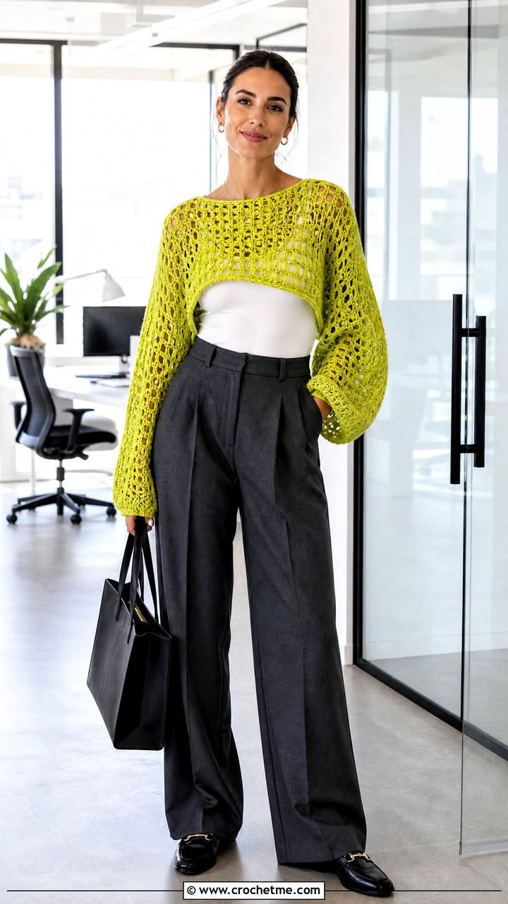 Open Weave Crochet Oversized Sweater With Wide Leg Trousers - 35 crochet oversized sweater outfit ideas