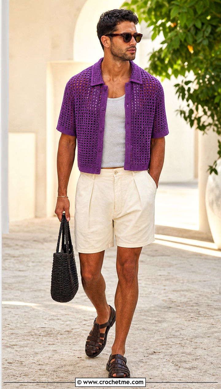 Open Weave Crochet Polo Crop Top With Pleated Shorts - 25 Men Crochet Crop Top outfit ideas