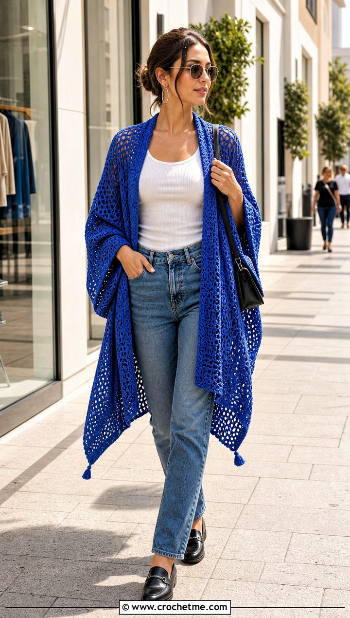 Open Weave Crochet Ruana With Tank And Straight Jeans - 15 easy crochet ruana outfit ideas