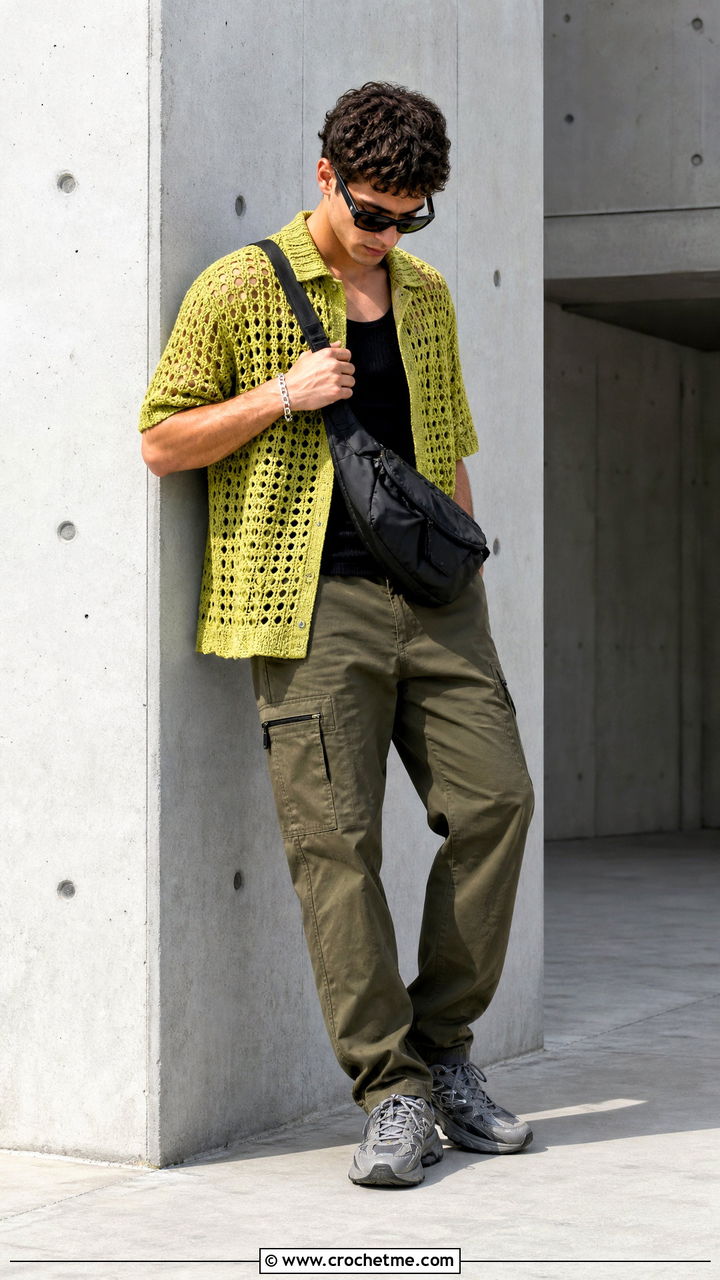 Open Weave Crochet Shirt With Cargo Pants - 35 crochet outfits for men outfit ideas
