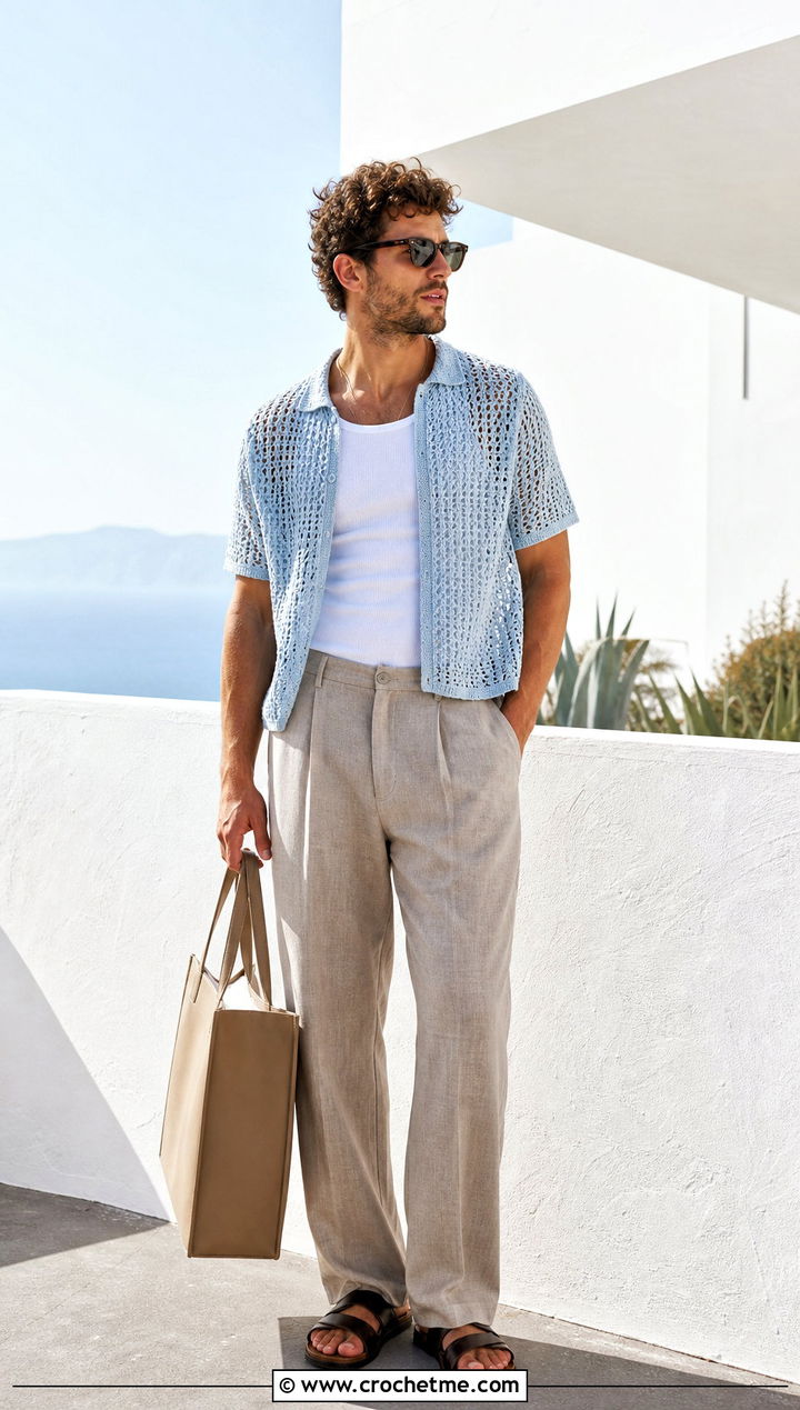 Open Weave Crochet Shirt With Linen Trousers - 35 Mens Crochet Top outfit ideas