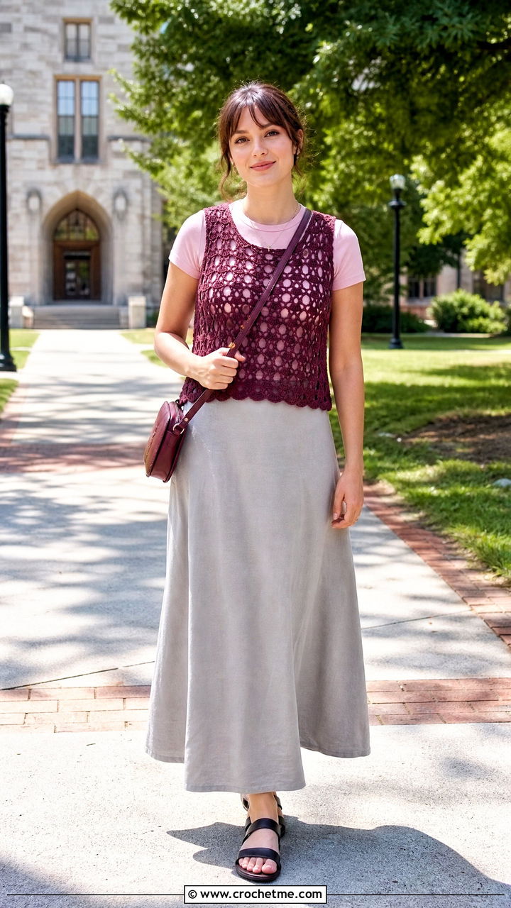 Open Weave Crochet Sleeveless Top With A T Shirt And Maxi Skirt - 35 crochet sleeveless top outfit ideas