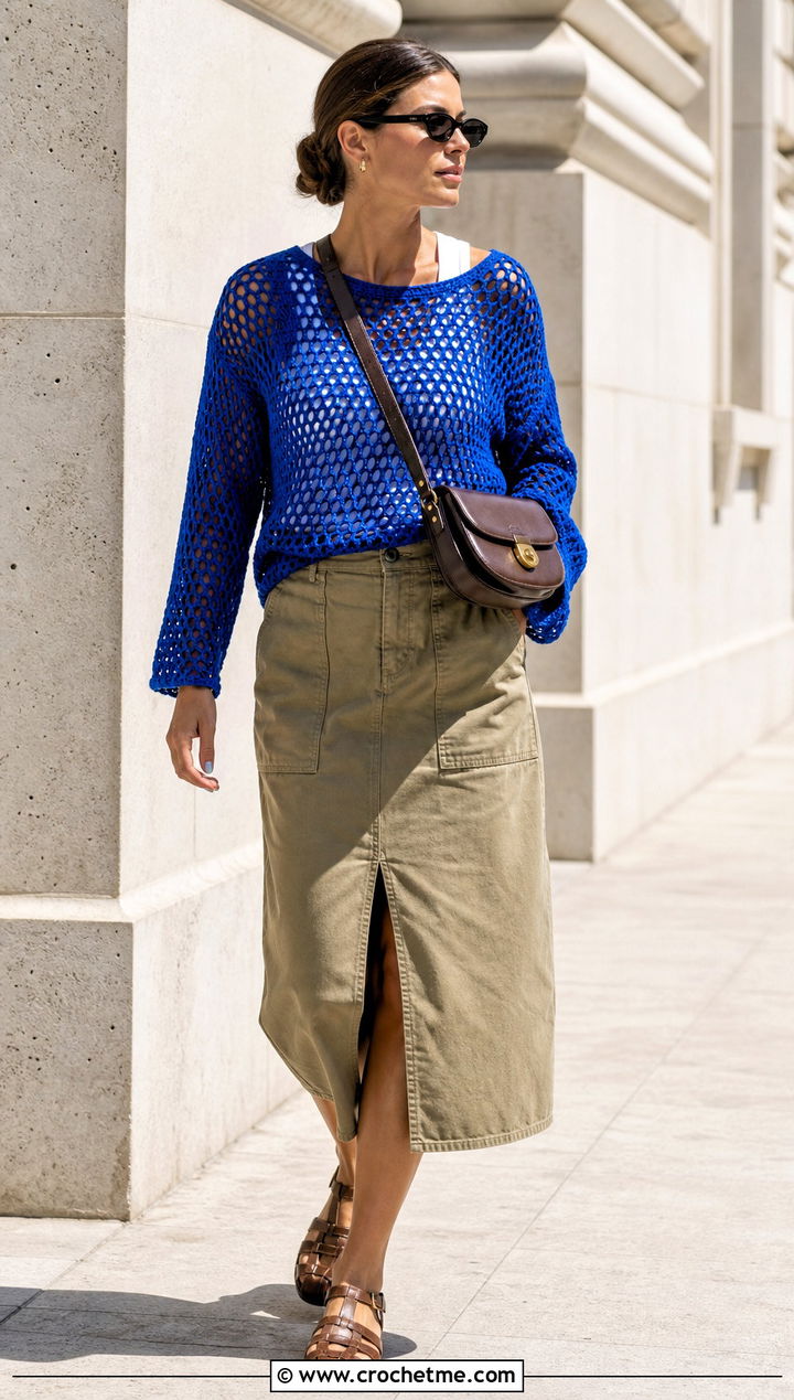 Open Weave Crochet Summer Pullover With Utility Midi Skirt - 25 crochet summer pullover outfit ideas