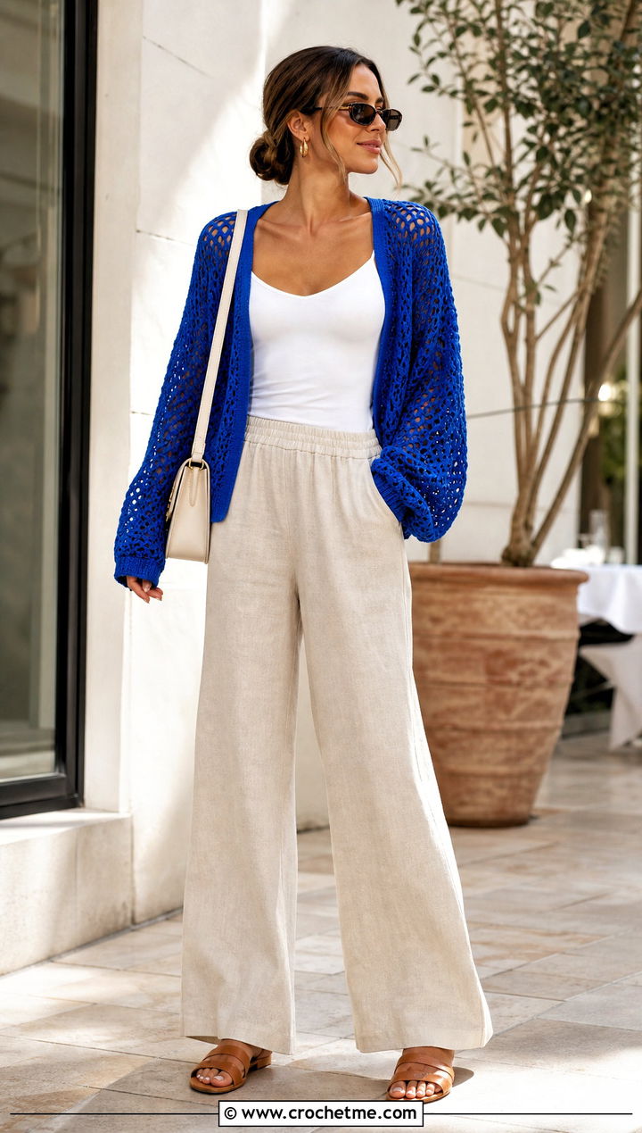 Open Weave Crochet Sweater With Linen Pants - 15 Summer Style Crochet Sweater outfit ideas