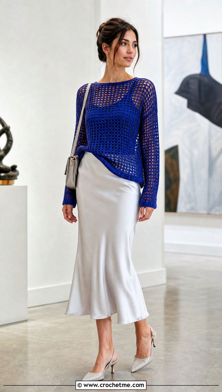 Open Weave Crochet Sweater With Satin Midi Skirt - 35 crochet sweater women outfit ideas