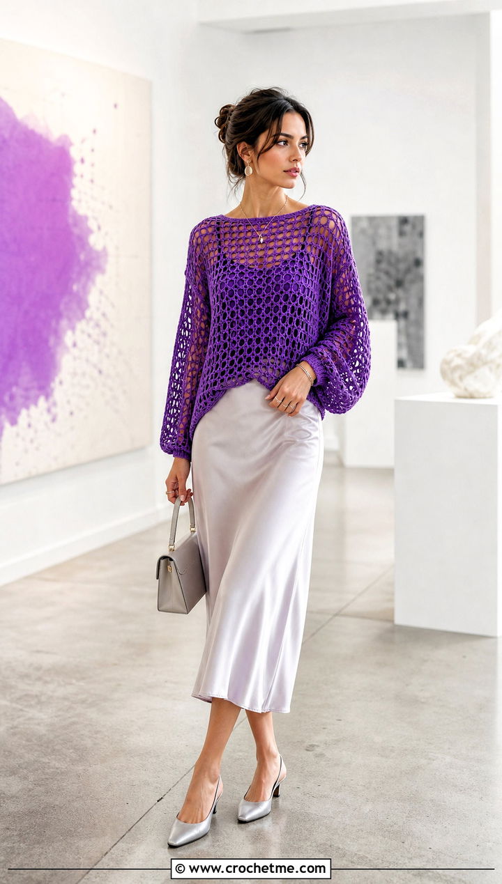 Open Weave Crochet Sweater With Satin Skirt - 30 Knit And Crochet Sweater outfit ideas