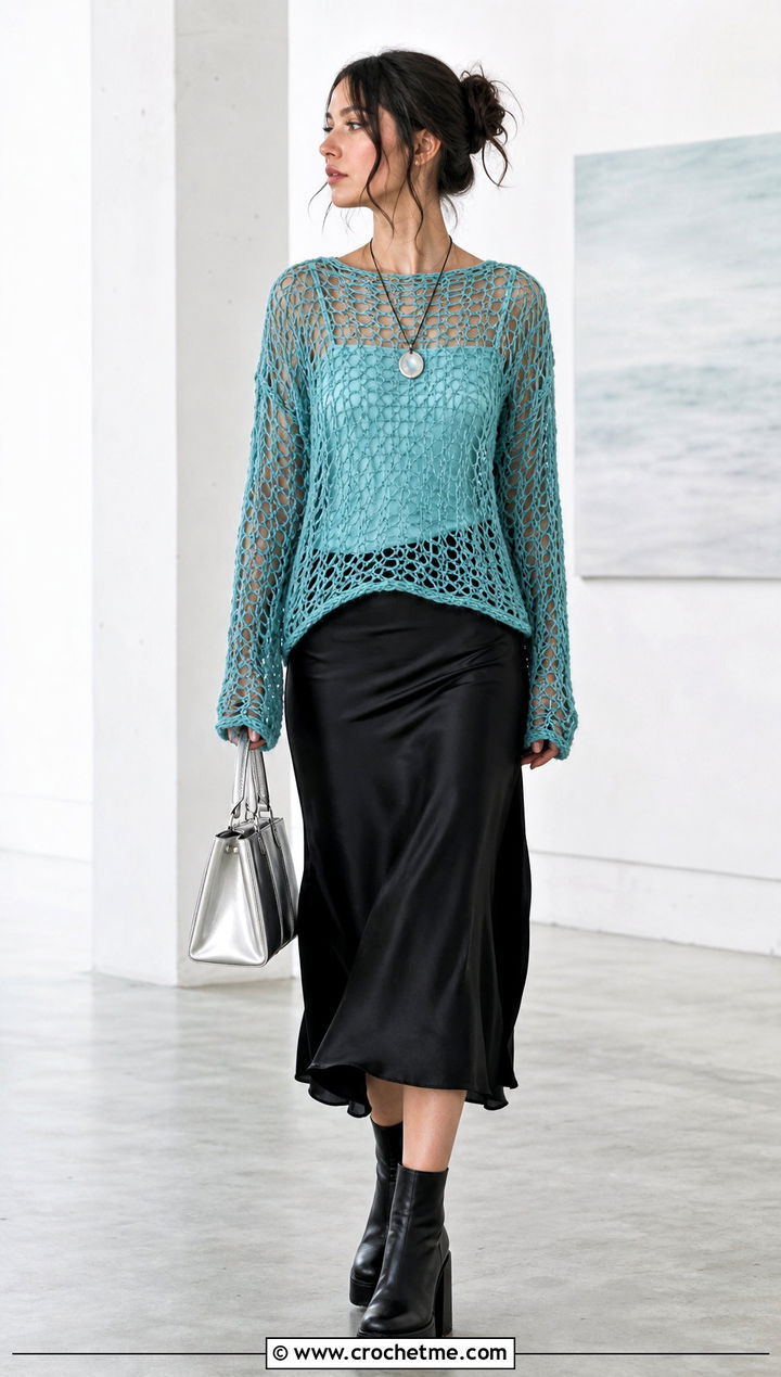 Open Weave Crochet Sweater With Satin Slip Skirt - 25 alt crochet sweater outfit ideas