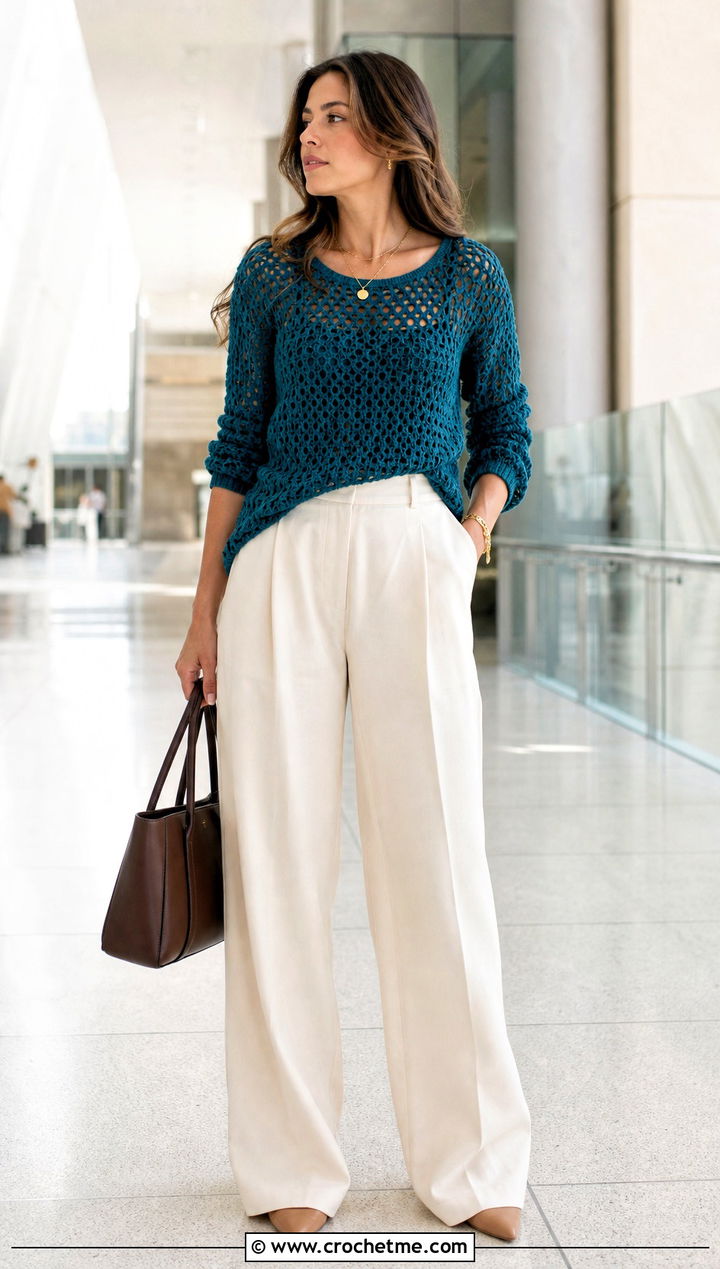 Open Weave Crochet Sweater With Tailored Trousers - 25 Crochet For Sweaters For Women outfit ideas