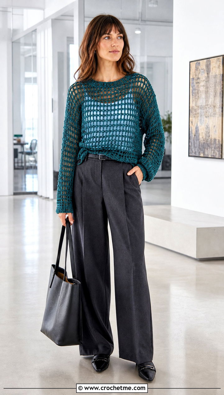 Open Weave Crochet Sweater With Tailored Trousers - 30 unique crochet sweater outfit ideas