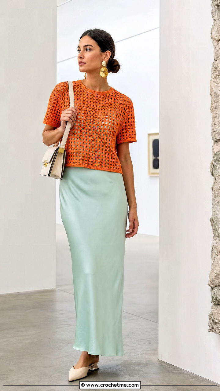Open Weave Crochet T Shirt Over A Slip Dress - 35 summer crochet top outfit ideas