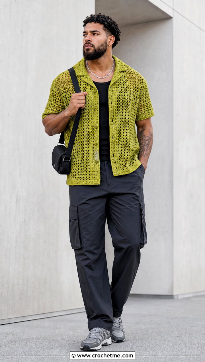 Open Weave Crochet T Shirt With Cargo Pants - 30 Mens Crochet Outfit ideas
