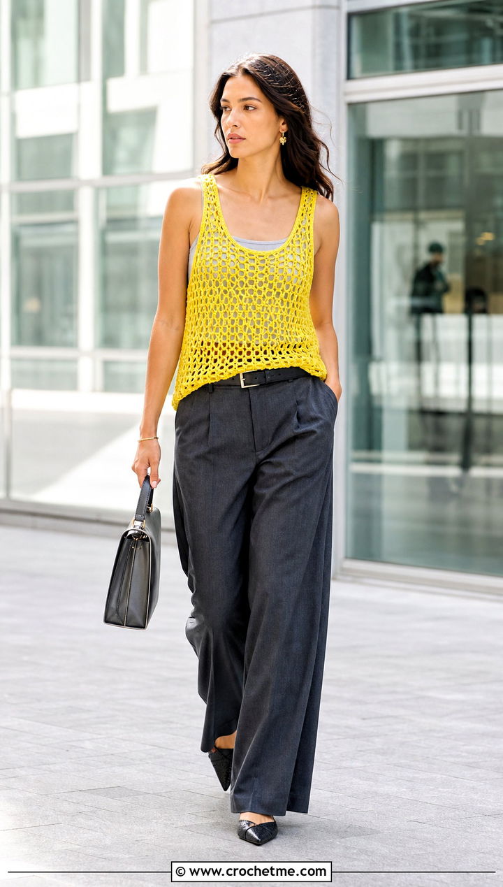 Open Weave Crochet Tank Top With Tailored Trousers - 30 unique crochet top outfit ideas